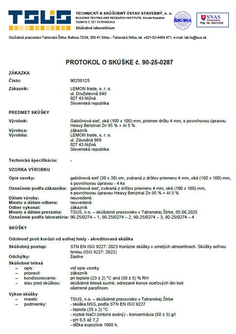 Certyfikat jakości siatki gabionowej