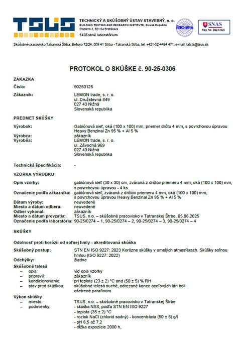 Certyfikat jakości siatki gabionowej 2